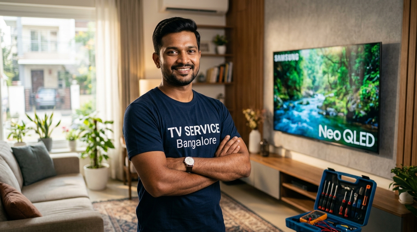 TV Service Bangalore technician greeting customer with folded hands